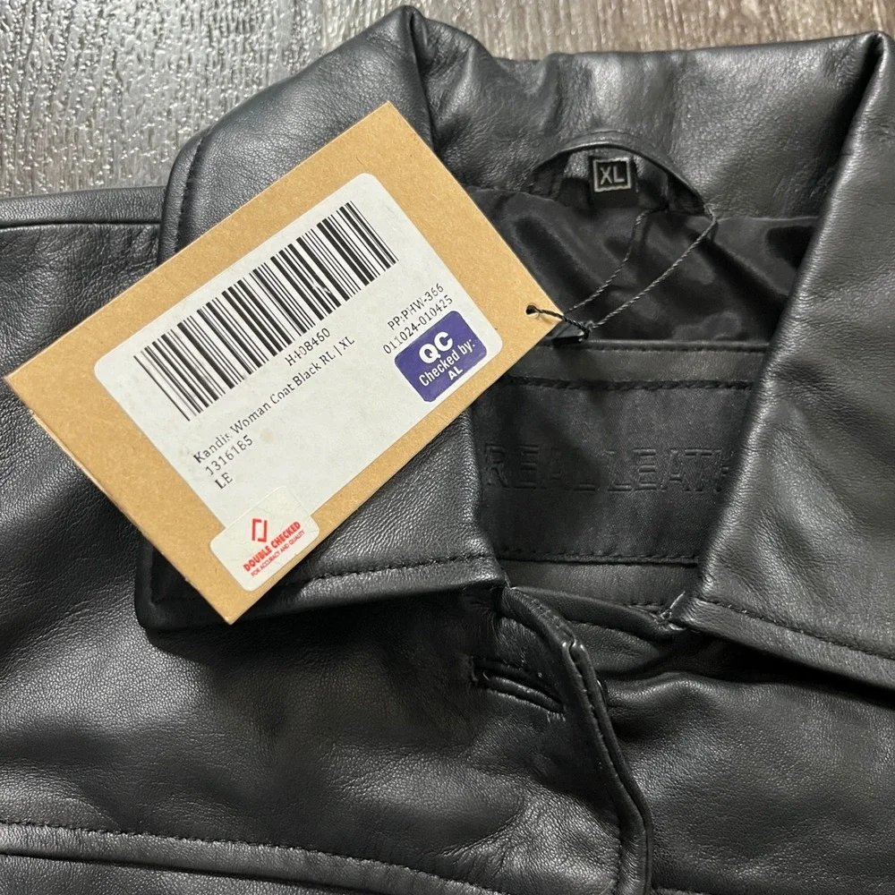 Kandis‎ Woman Coat Black Real Leather Jacket Button Front Lined XL